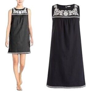 J. Crew Embroidered Linen Sleeveless Mini Shift Dress Black & White Size Small